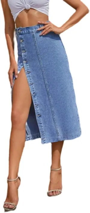 Casual Fashion Summer Button Front Irregular Slit Denim Skirts High Waist Long Skirt Jeans