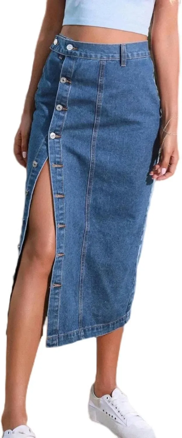 Casual Fashion Summer Button Front Irregular Slit Denim Skirts High Waist Long Skirt Jeans