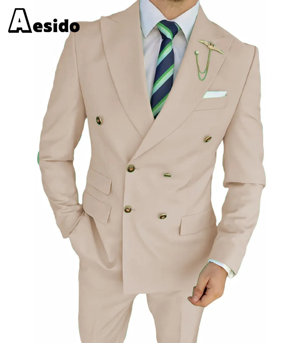 Casual Men's Suit Slim Fit Double Breasted 2 Piece Business Tuxedos (Blazer Pants)