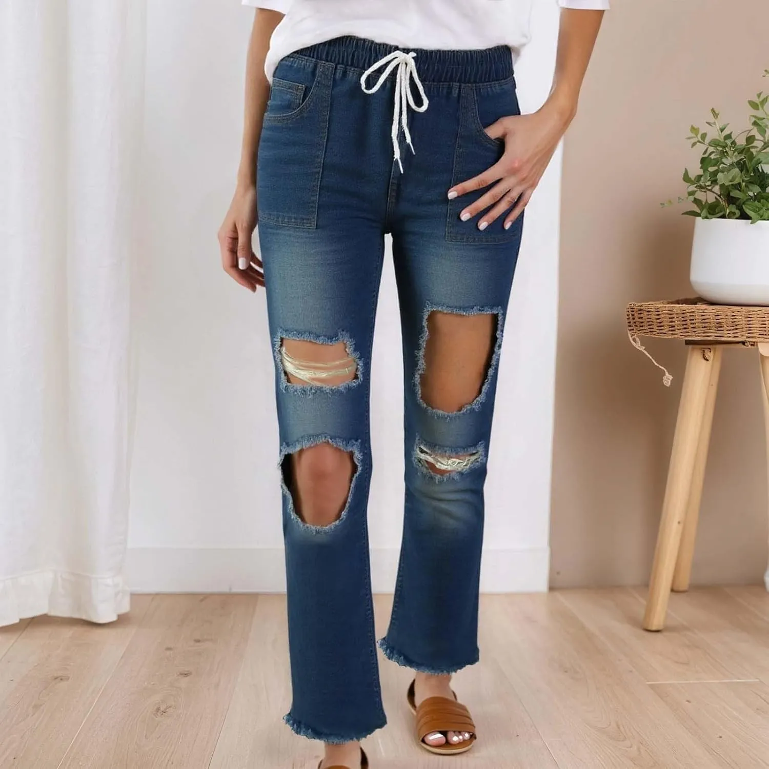 Casual Ripped Flared Jeans for Women Distressed Slim Fit Stretch Jeans for Women Womens High Waisted Denim Pants