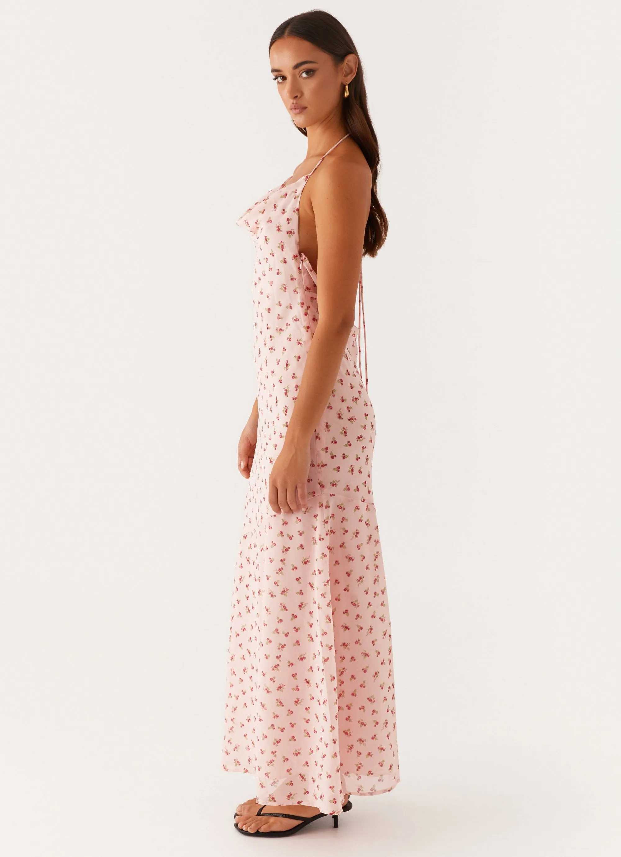 Alianna Cowl Neck Mesh Maxi Dress - Pink Flower High-Neck Ruffle-Detail