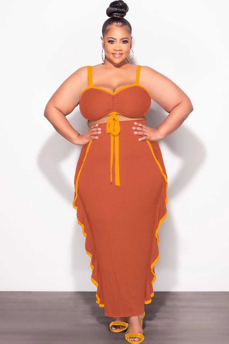 Final Sale Plus Size 2pc Crop Top and Ruffle Skirt Set in Rust and Mustard Anti Pilling Treatment stain resistant coating