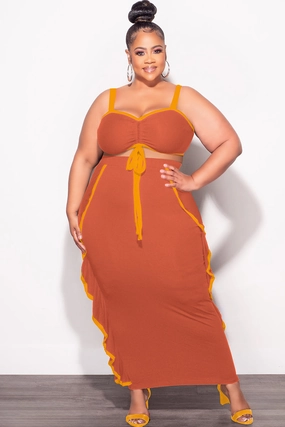 Stretchable Wear Chilly Day Ready Final Sale Plus Size 2pc Crop Top and Ruffle Skirt Set in Rust and Mustard
