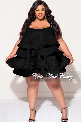 Final Sale Plus Size Spaghetti Strap Tiered Ruffle Mini Dress in Black Chilly Weather No Chafe