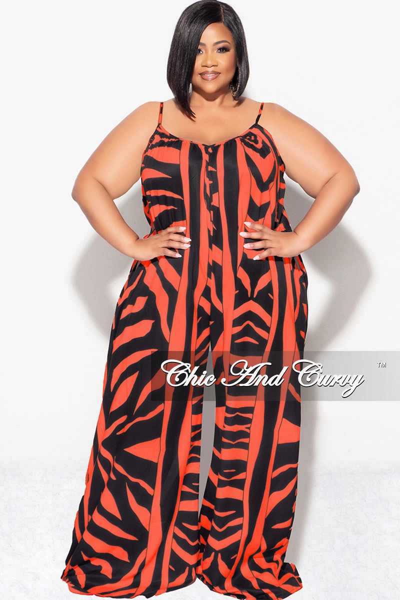 Final Sale Plus Size Jumpsuit with Spaghetti Straps & Ruffled Ankles in Black and Orange Tagless Labeling Flexible Gusset