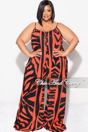 Final Sale Plus Size Jumpsuit with Spaghetti Straps & Ruffled Ankles in Black and Orange Tagless Labeling Flexible Gusset