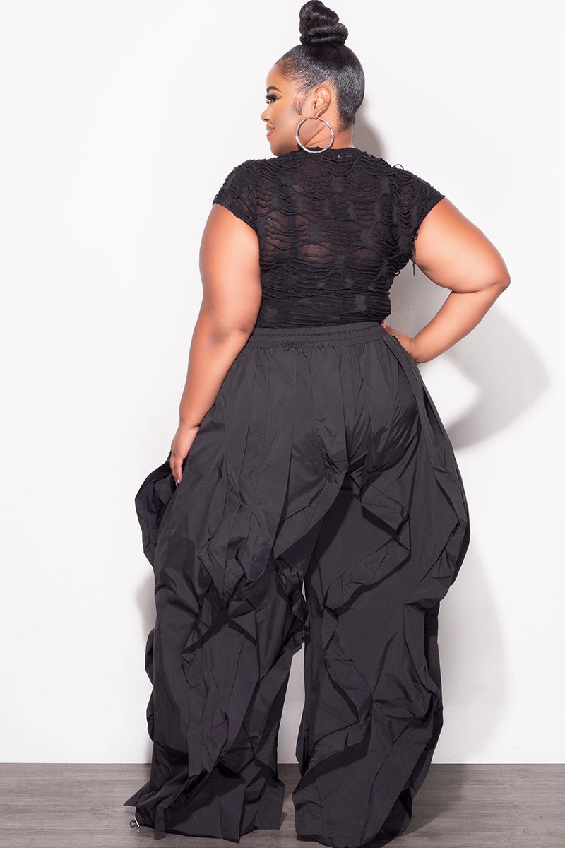 Comfort Waist Final Sale Plus Size Wide Leg Drawstring Oversized Windbreaker Wavy Pants in Black