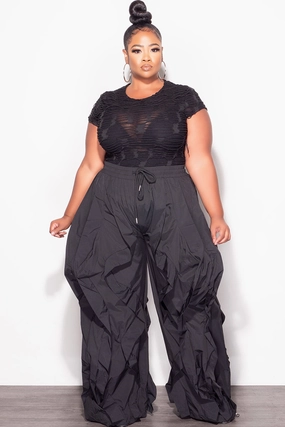 Final Sale Plus Size Wide Leg Drawstring Oversized Windbreaker Wavy Pants in Black Light and Cozy