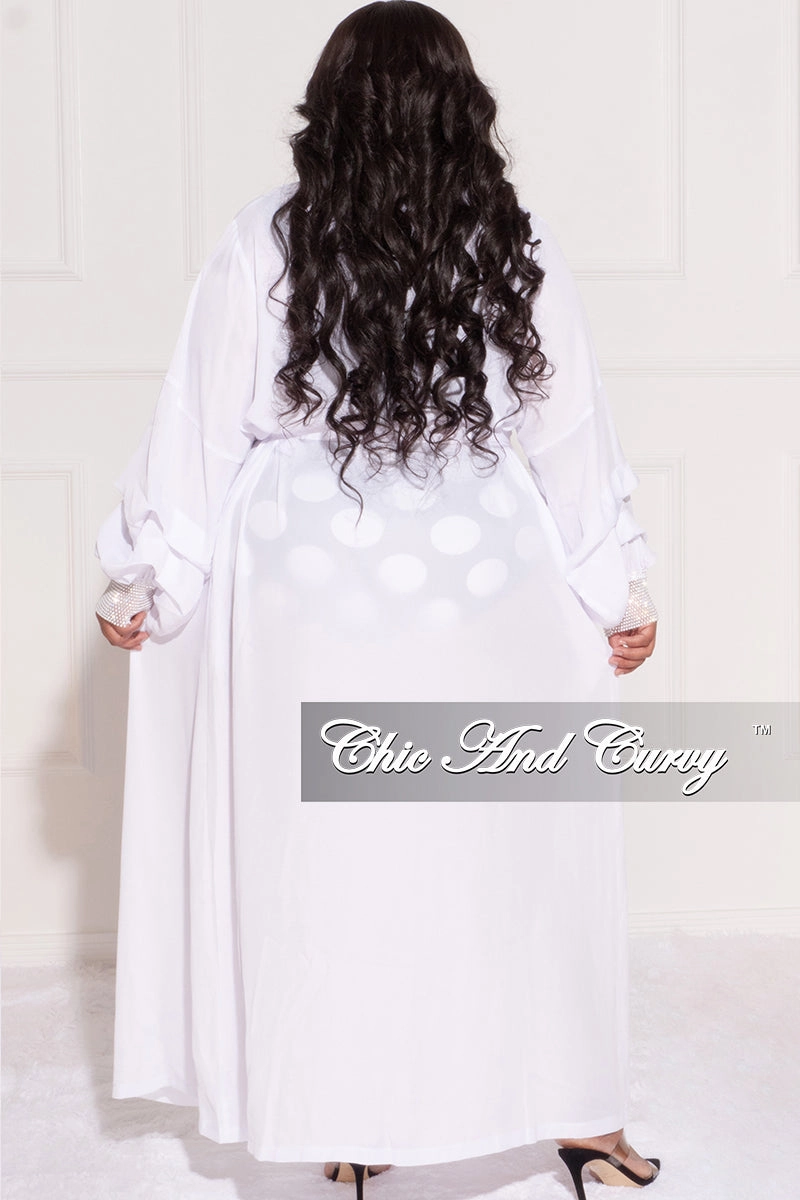 Final Sale Plus Size Sheer Chiffon Duster with Waist Tie and Rhinestone Cuff in White Hidden Zip Pockets Sporty Comfort Wear