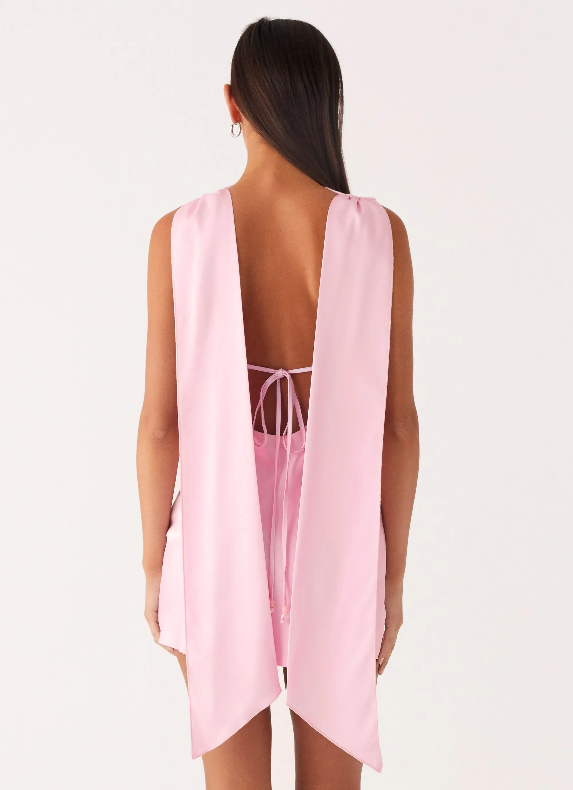 Cerina High Neck Mini Dress - Pink Satin Soft Zip-Closure
