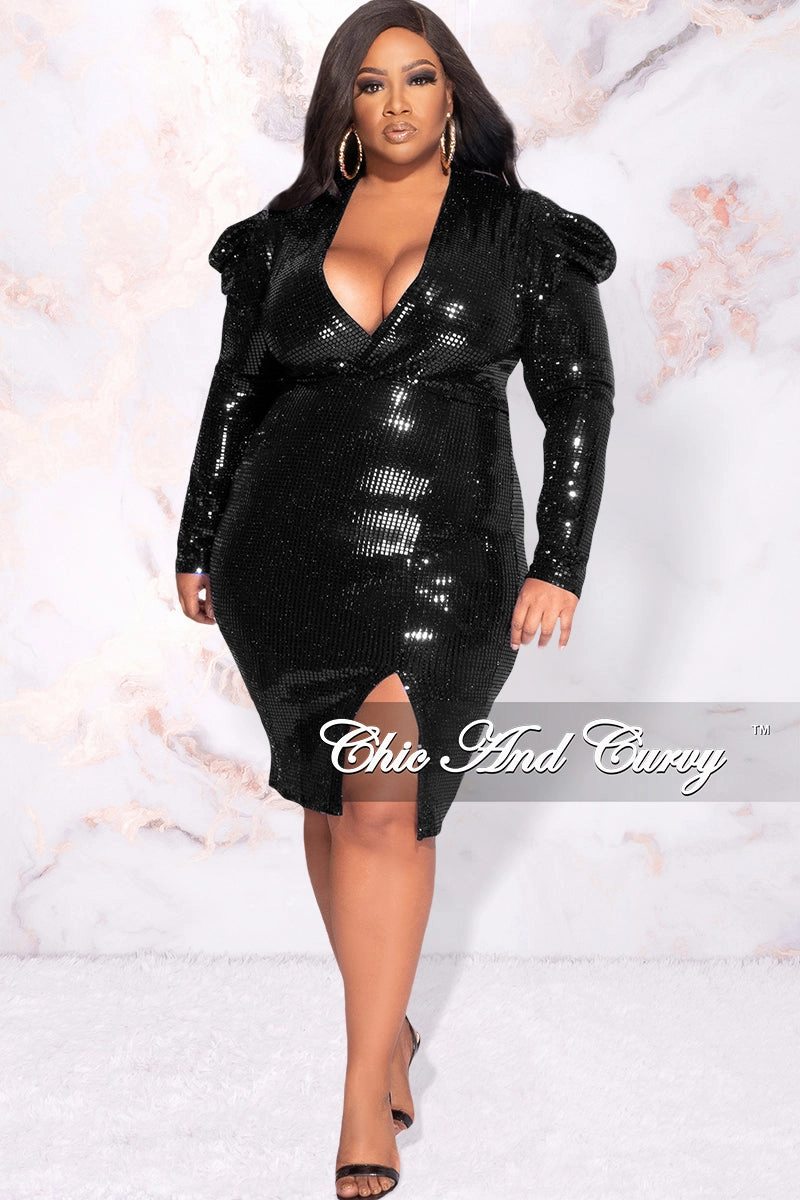 Lightweight pullover Available Online Only - Final Sale Plus Size Faux Sequin Faux Wrap Bodycon  Dress with Slide Slit in Black