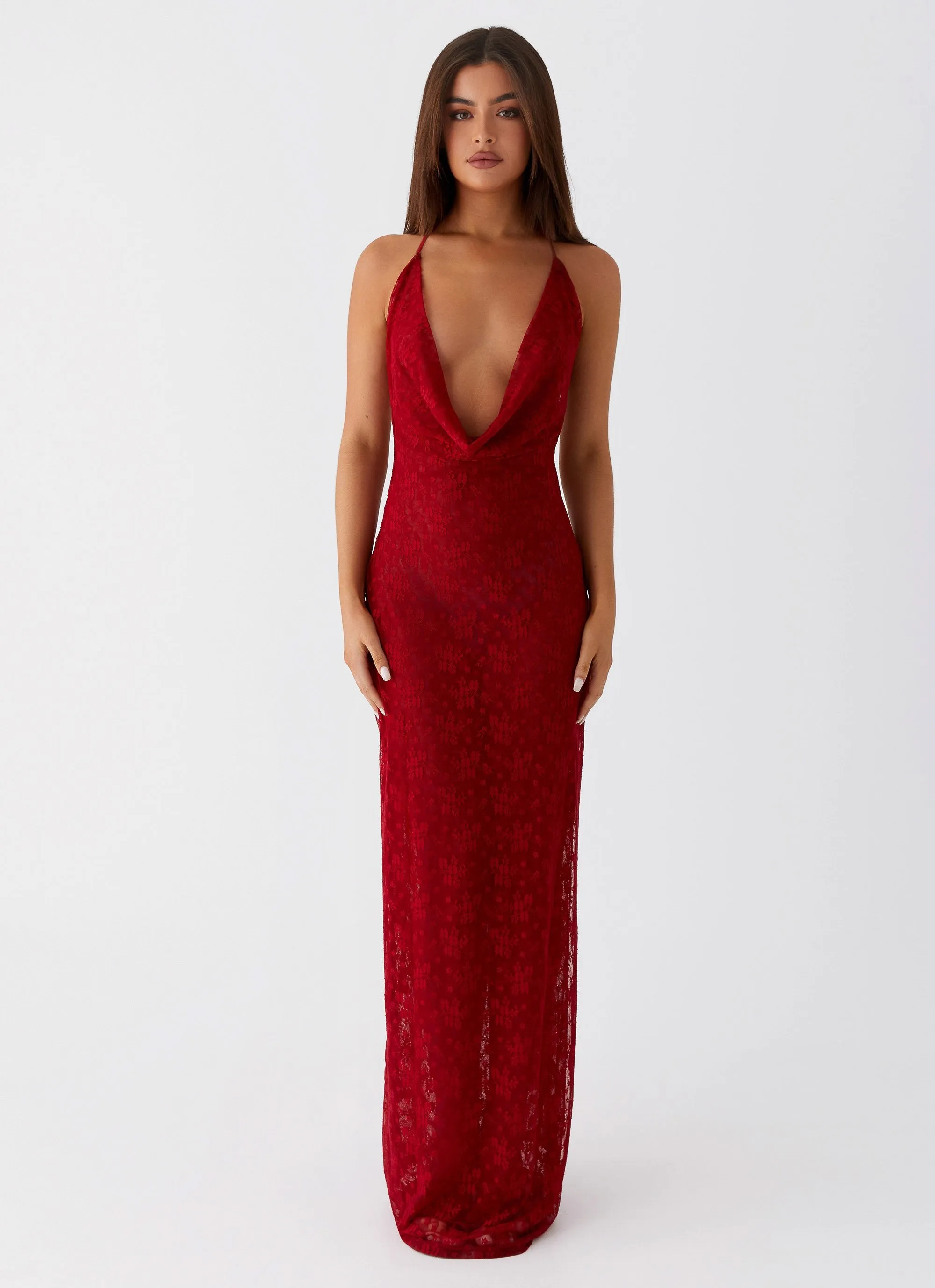 Fresh Texture Statement Neck Champagne Coastline Maxi Dress - Dark Red