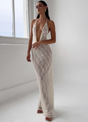 Retro Detail Guest Glam Champagne Coastline Maxi Dress - Ivory