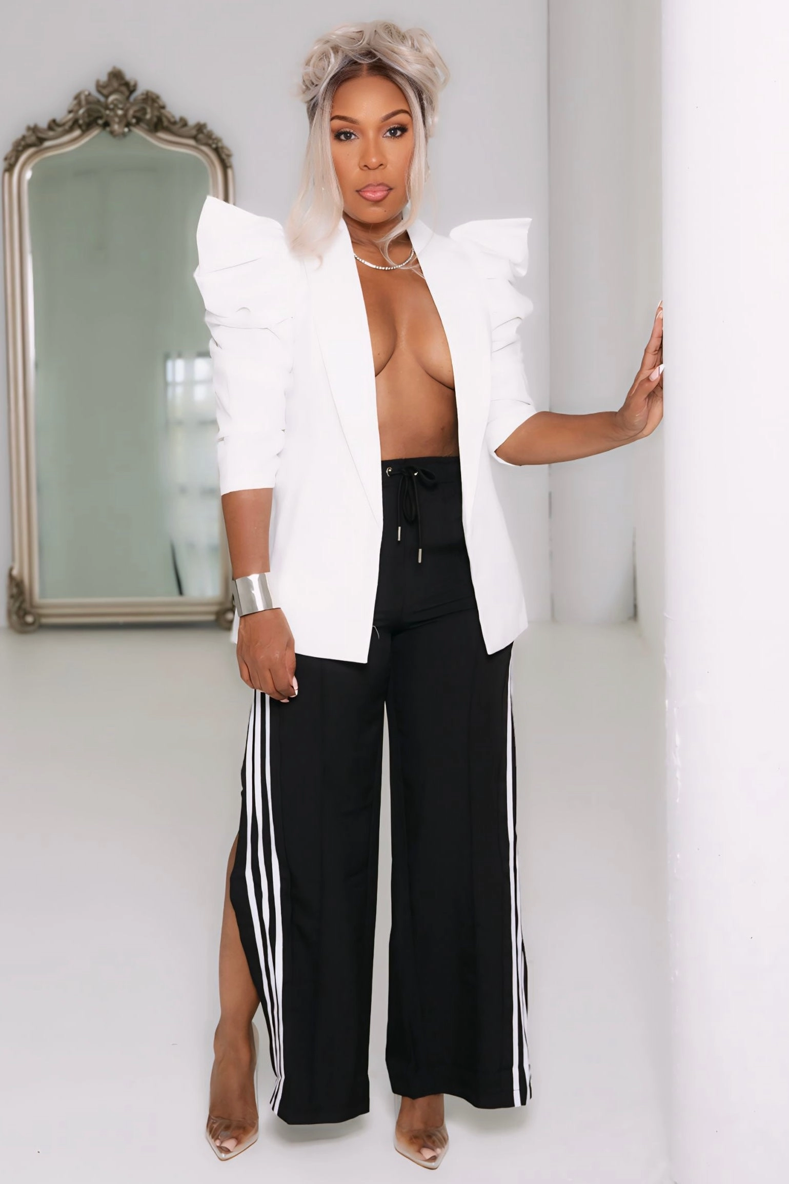 Contrast Stitch AntiPilling Finish Charlyce Textured 3/4 Sleeve Power Shoulder Jacket-White