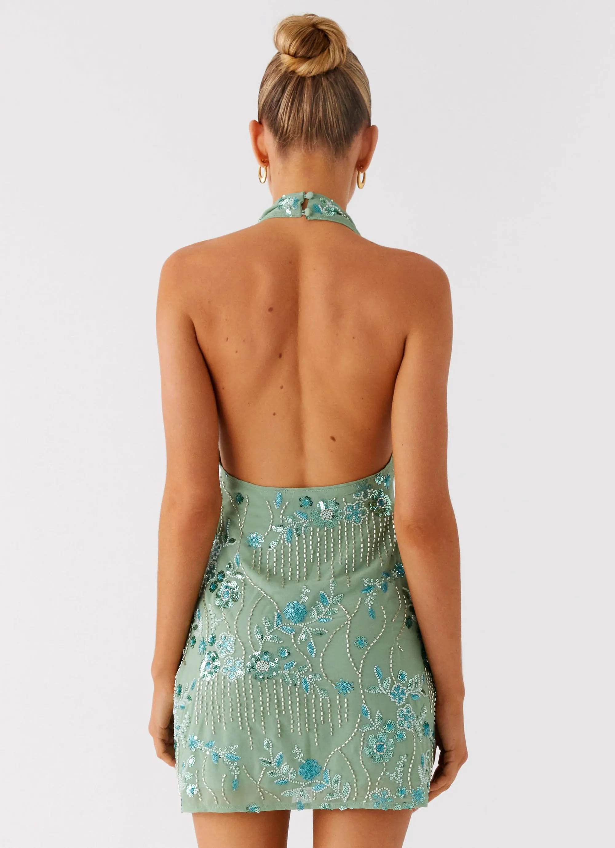 Monet Beaded Mini Dress - Mint Trendy wrap gown Drapey Fabric