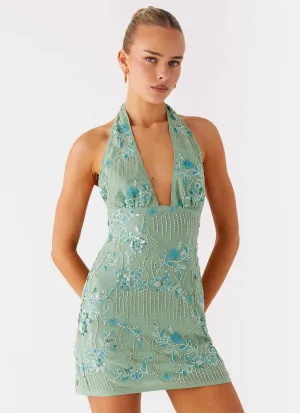 Floral Comfort Cool Palette Monet Beaded Mini Dress - Mint
