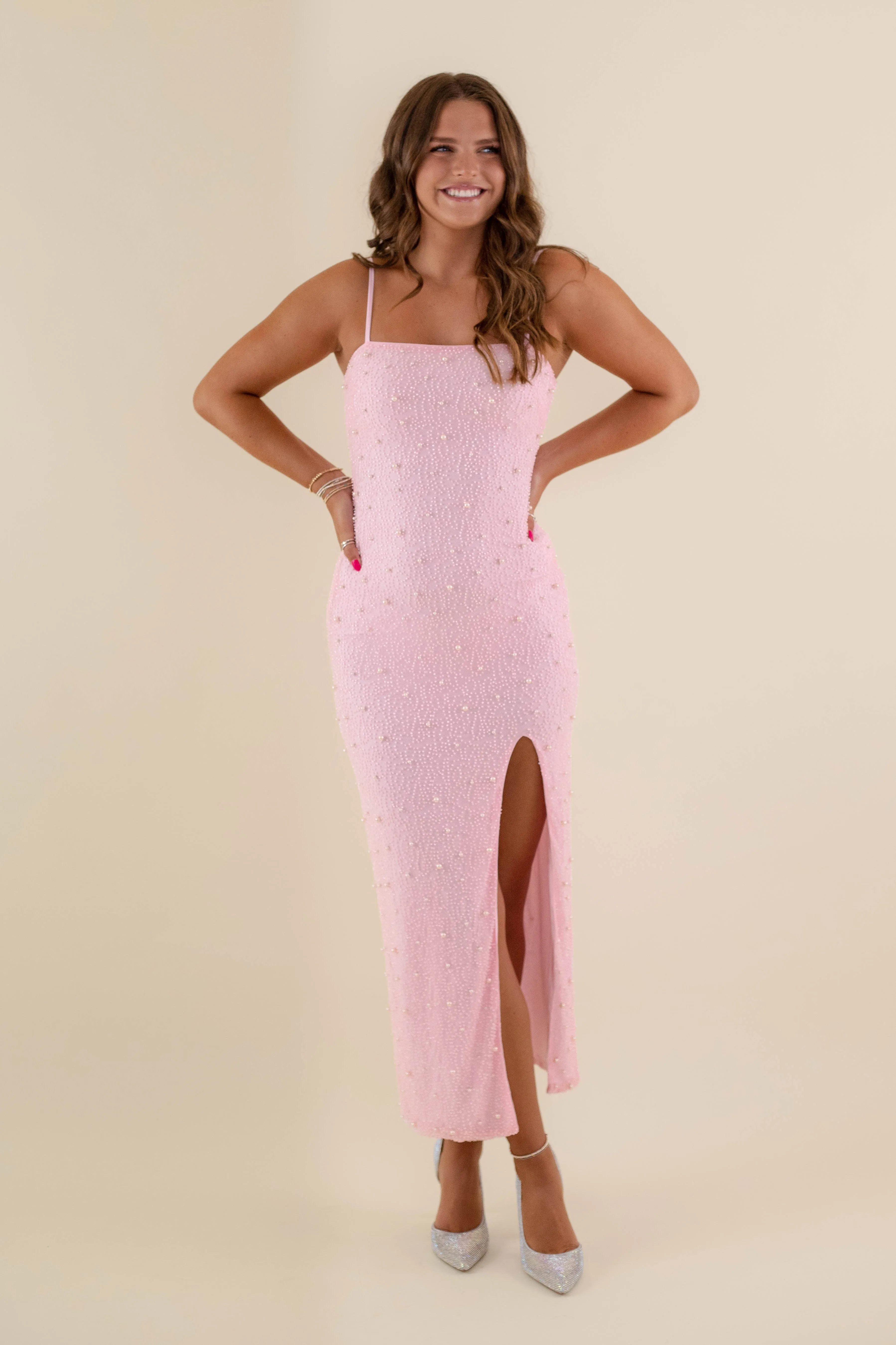 Beaded-Edge Wishes For You Pearl Maxi Dress