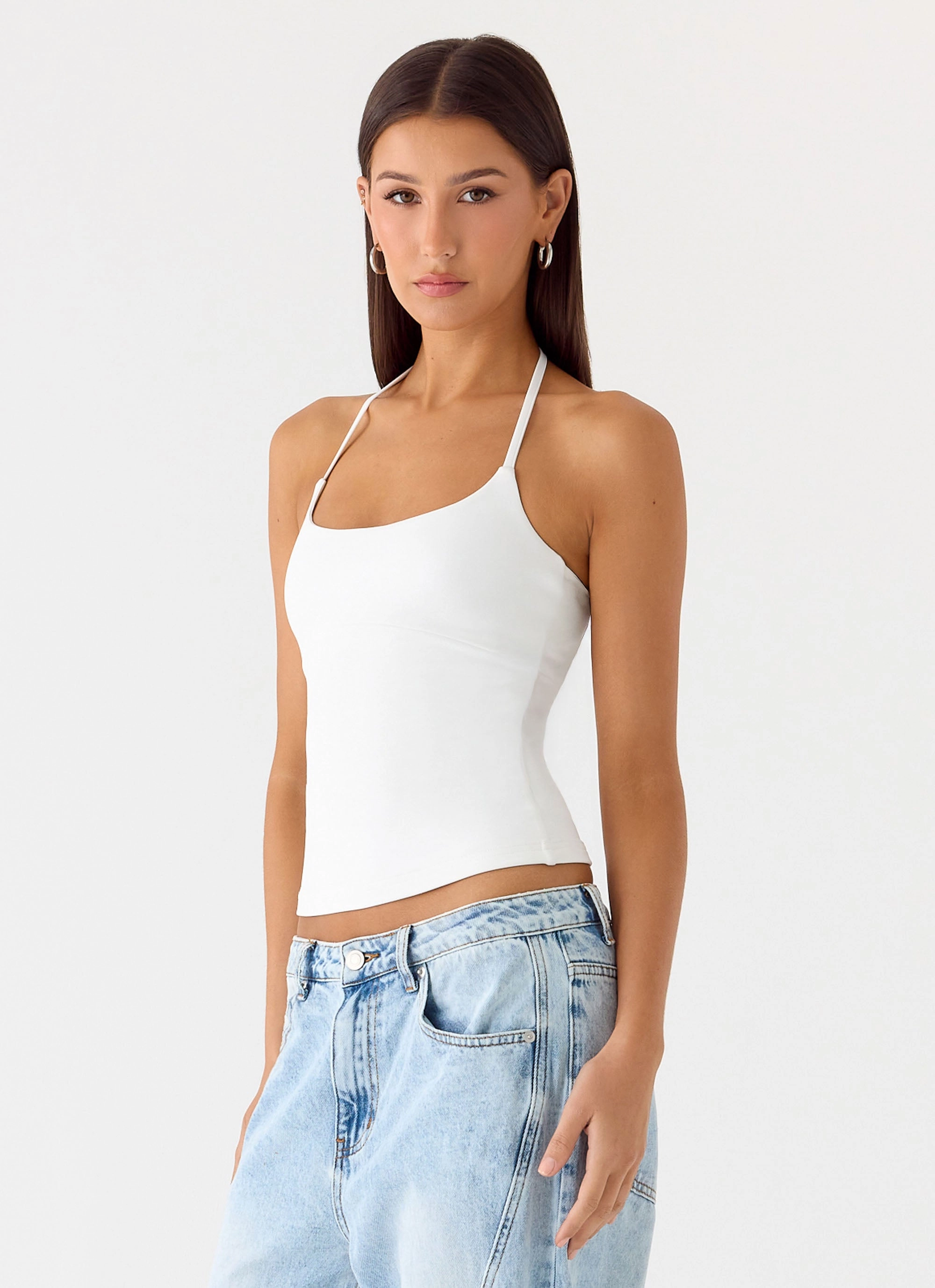 Chauncey Halter Top - White AdjustableHem MoistureWickingMaterial