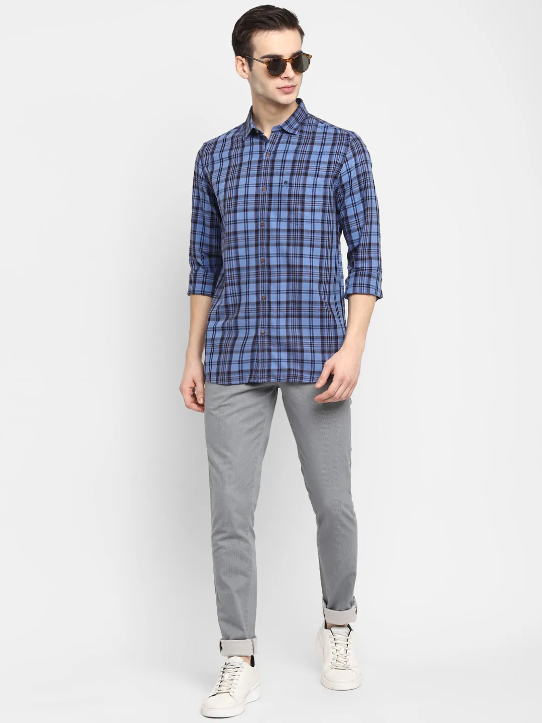 Checked Blue Slim Fit Casual Shirt For Men