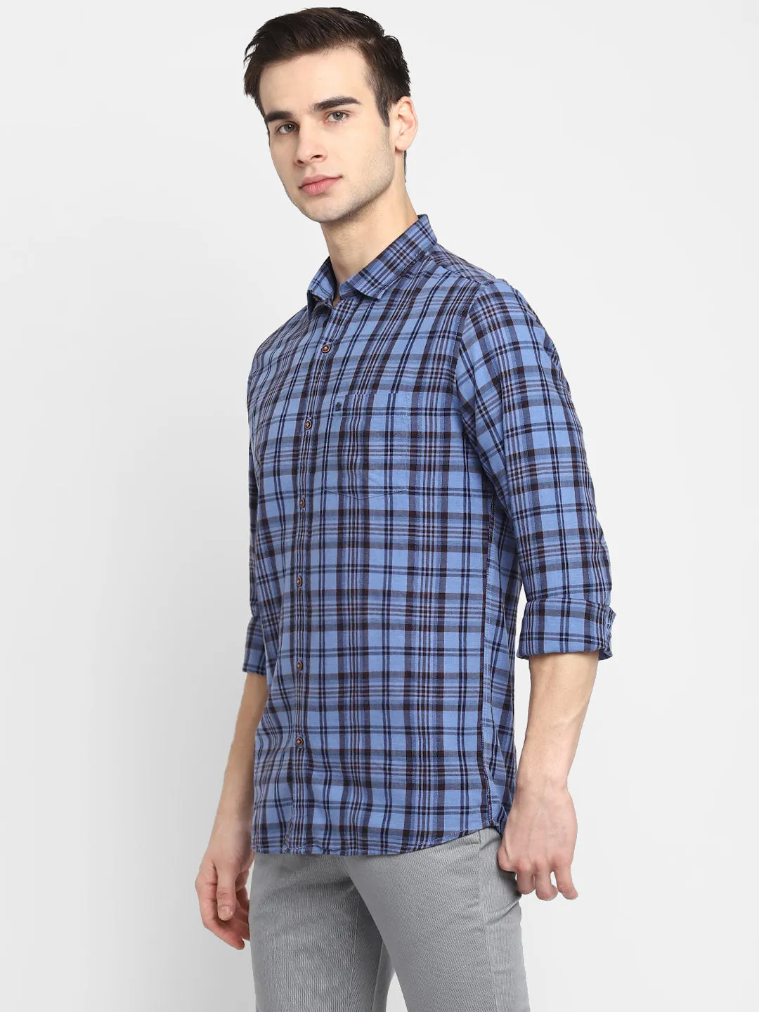 Checked Blue Slim Fit Casual Shirt For Men