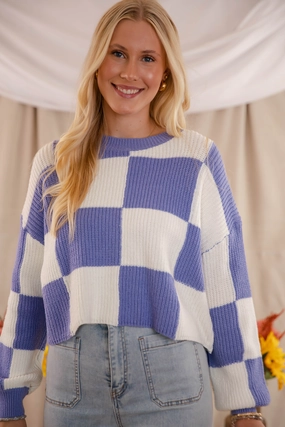 Bonded Seam Construction Contrast Topstitching Detail Checking Off the Boxes Sweater-Blue