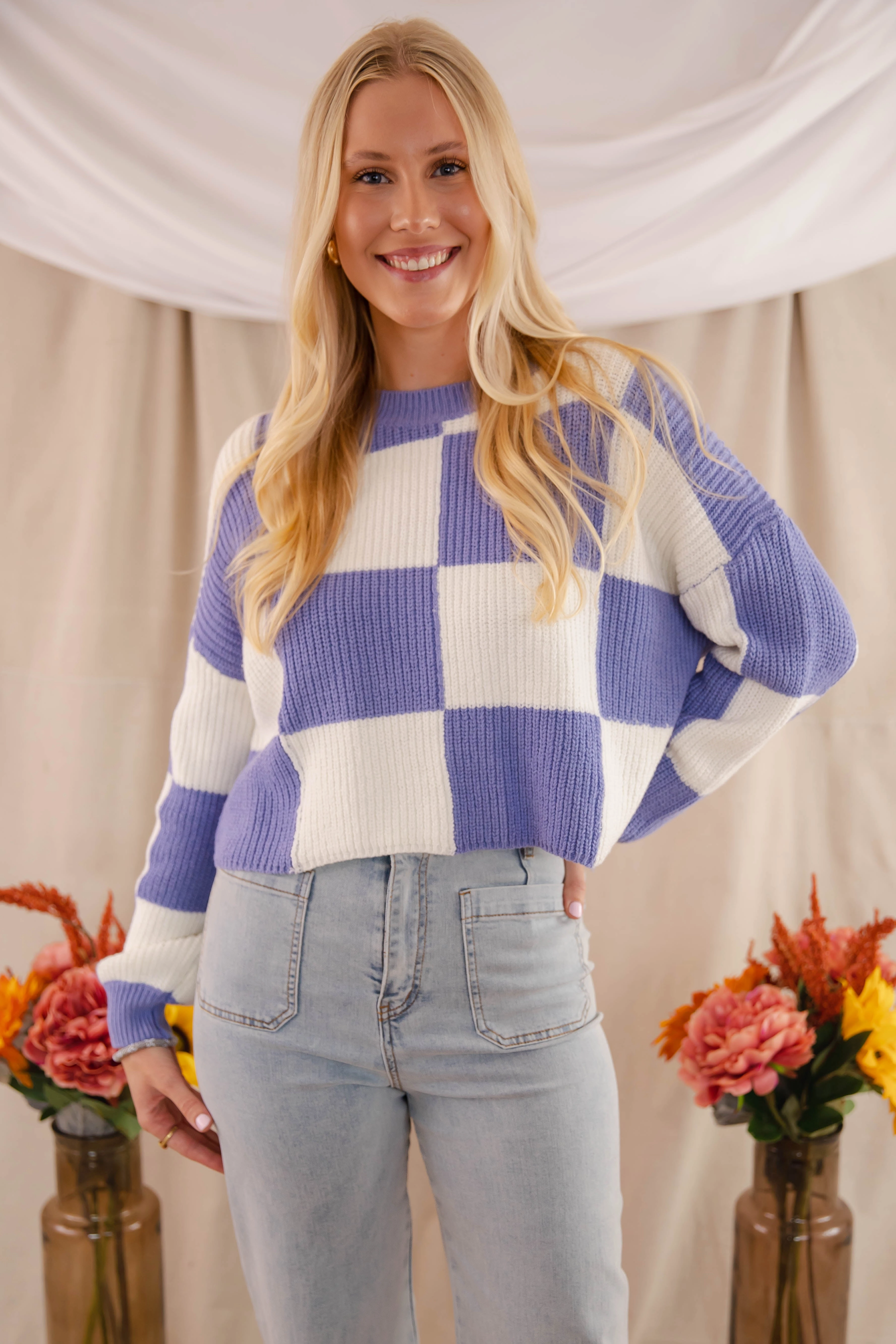 Checking Off the Boxes Sweater-Blue StaticResistant Material BondedSeams