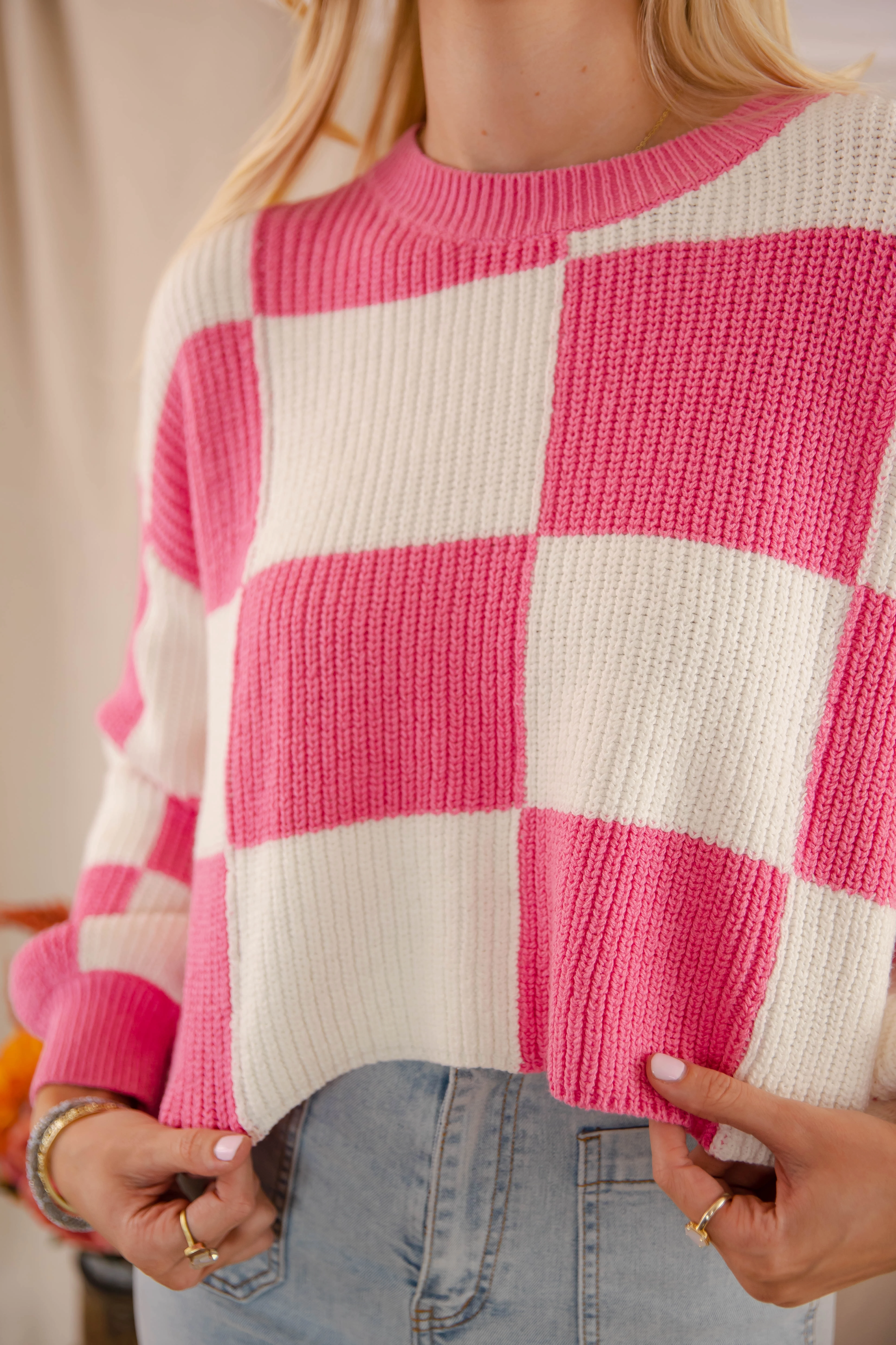 Checking Off the Boxes Sweater-Pink Seamless Knit Design Contemporary Cut