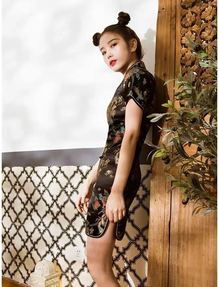 Cheongsam Dress for Women Chinese Bodycon Qipao Short Sleeve Slim Fit Club Dress Cosplay Halloween Evening Dragon