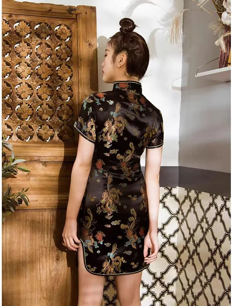 Cheongsam Dress for Women Chinese Bodycon Qipao Short Sleeve Slim Fit Club Dress Cosplay Halloween Evening Dragon