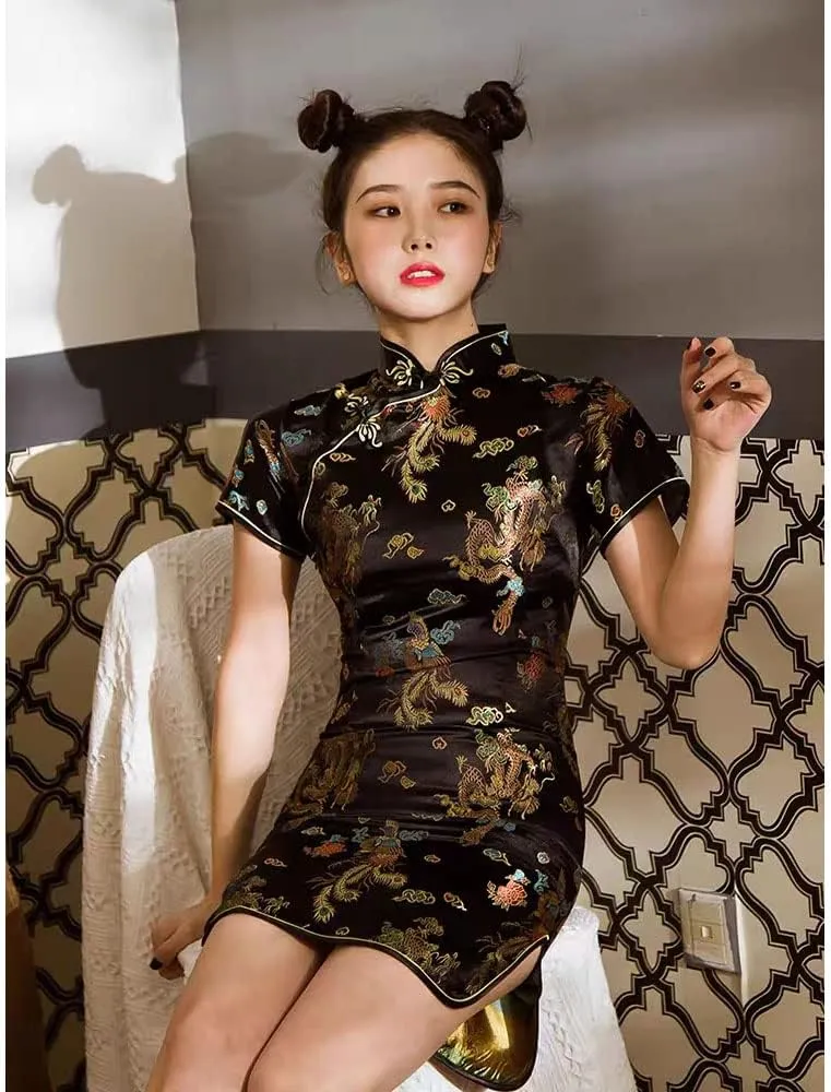 Cheongsam Dress for Women Chinese Bodycon Qipao Short Sleeve Slim Fit Club Dress Cosplay Halloween Evening Dragon