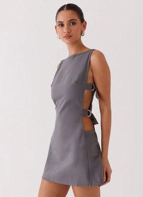 Cherish You Buckle Mini Dress - Charcoal Airy Silk Subtle Flow