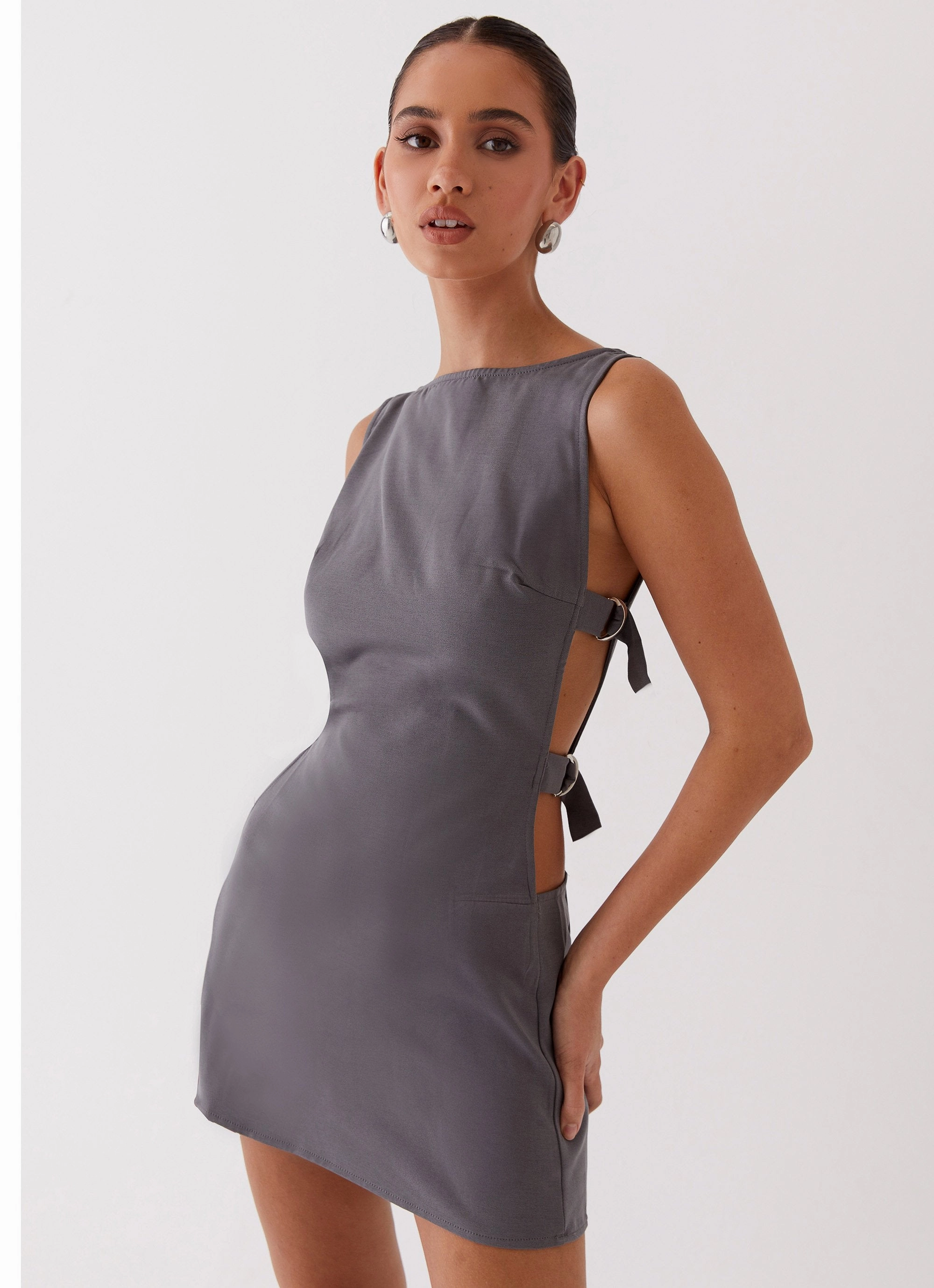 Cherish You Buckle Mini Dress - Charcoal Chill Fashion