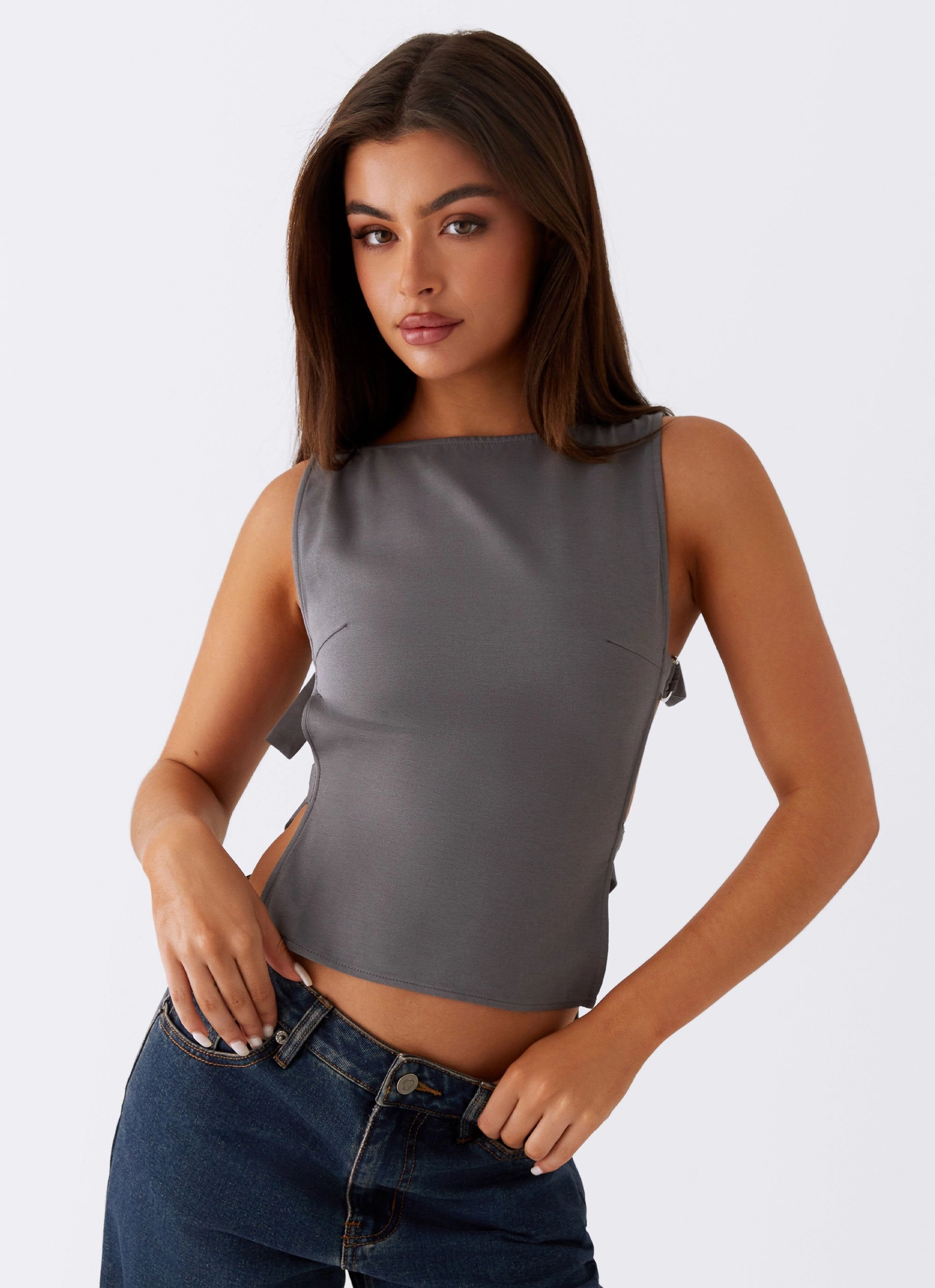 Cherish You Buckle Top - Charcoal Midweight Four Way Stretch