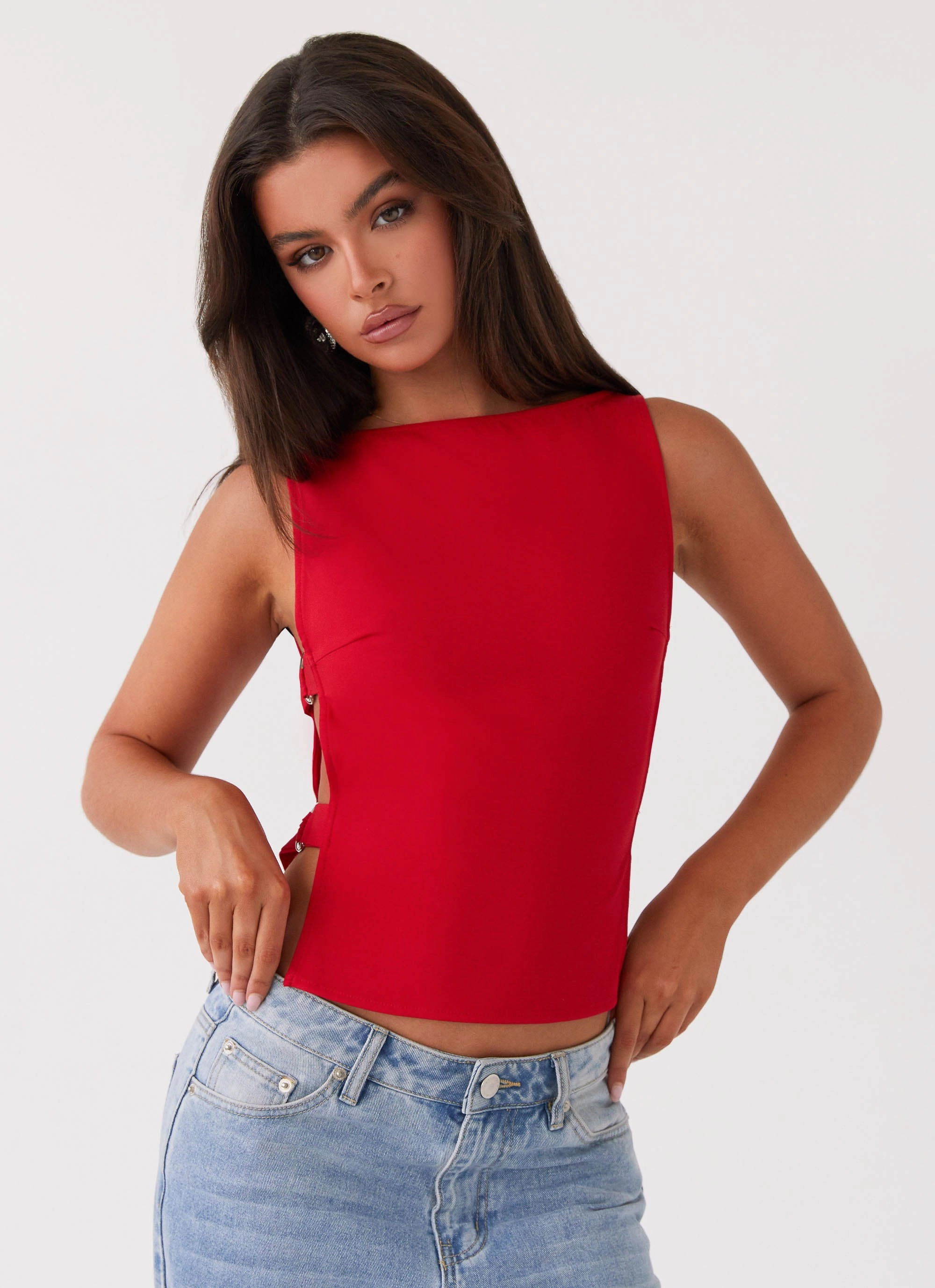 Ribbed Neckline Stretch Blouse Cherish You Buckle Top - Red