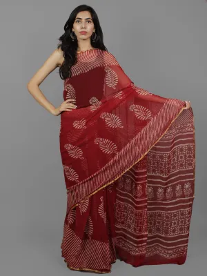 Cherry Red Ivory Hand Block Printed Chiffon Saree - S031702084