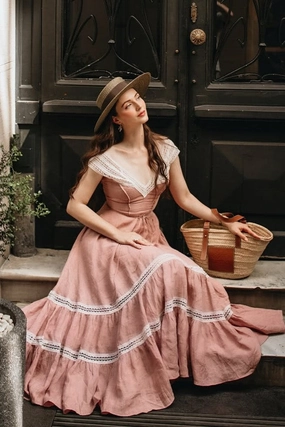 Cherry Tree 25 | Lace Linen flared dress Double Layered Hem