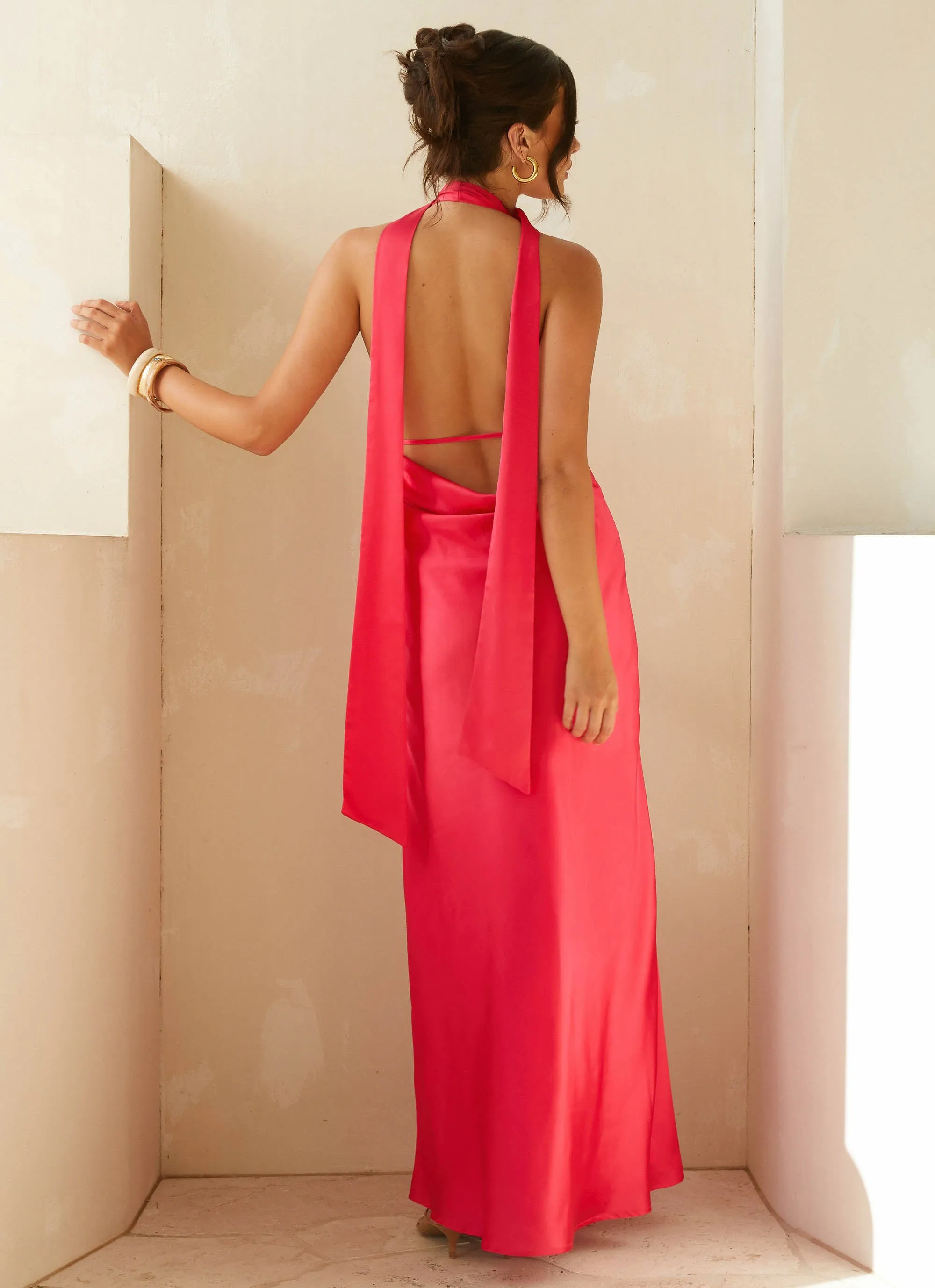 Calm Energy Subtle Mood Alicia Satin Halter Maxi Dress - Fuchsia
