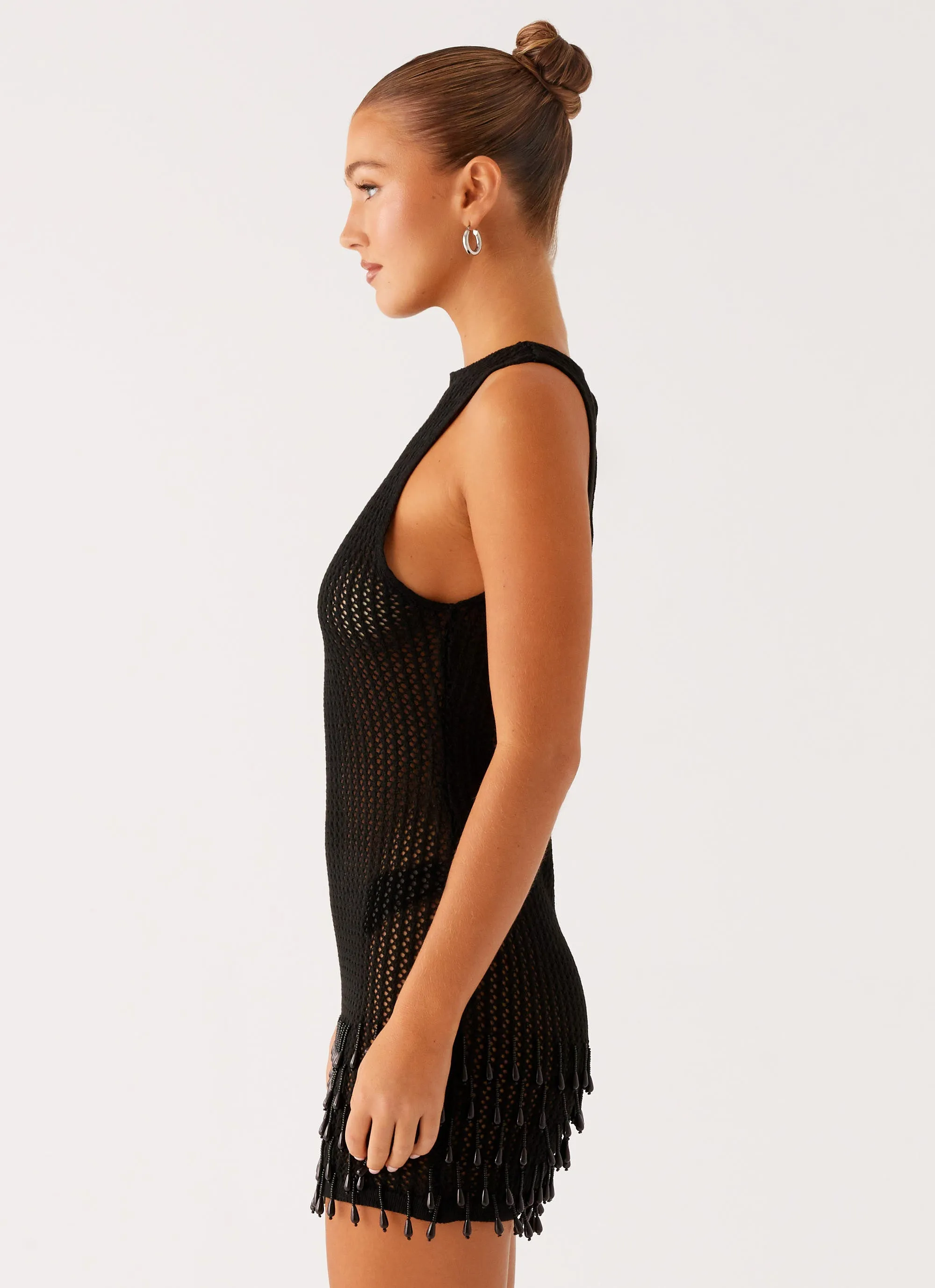 Miracle Beaded Crochet Mini Dress - Black Textured Layers Bold Movement