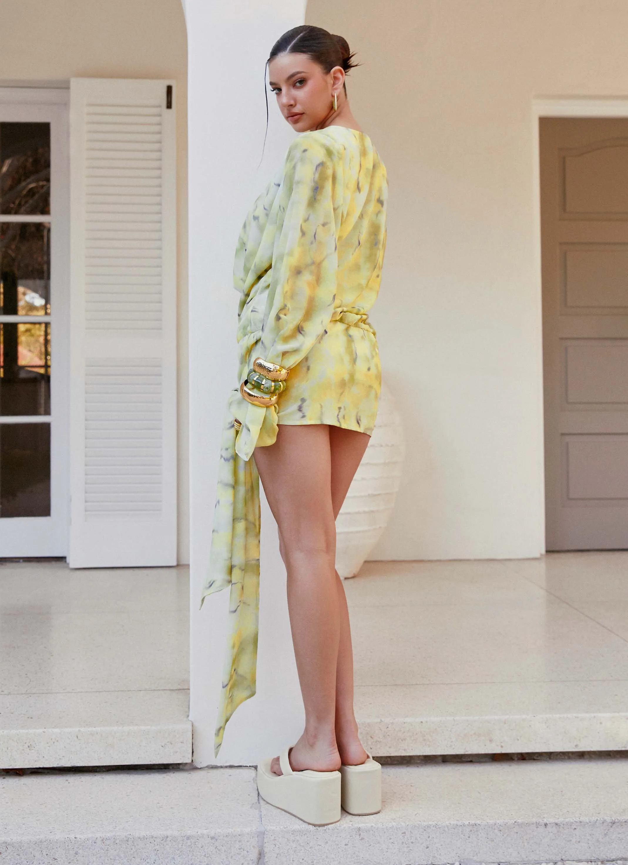 Sorrel Long Sleeve Mini Dress - Yellow Tie Dye Beaded-Sleeve Light Soft
