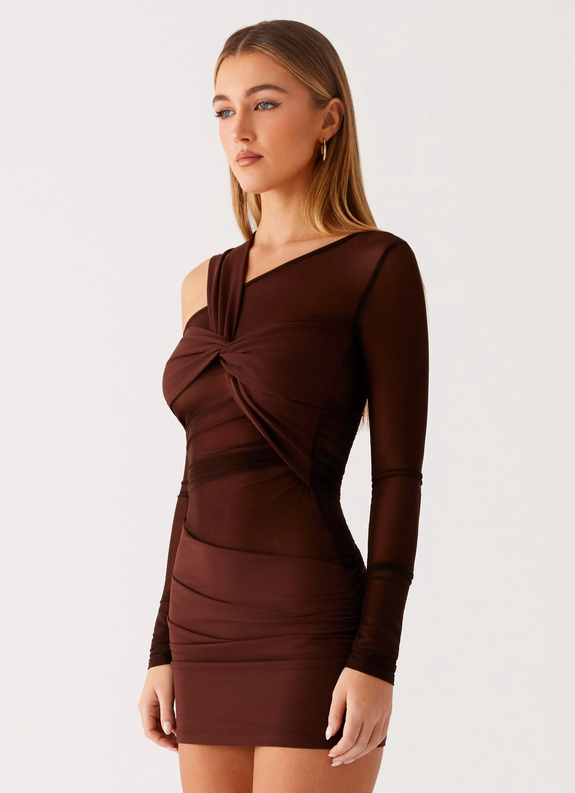 Ophelie Asymmetric Long Sleeve Mini Dress - Chocolate Relaxed day dress Delicate Details