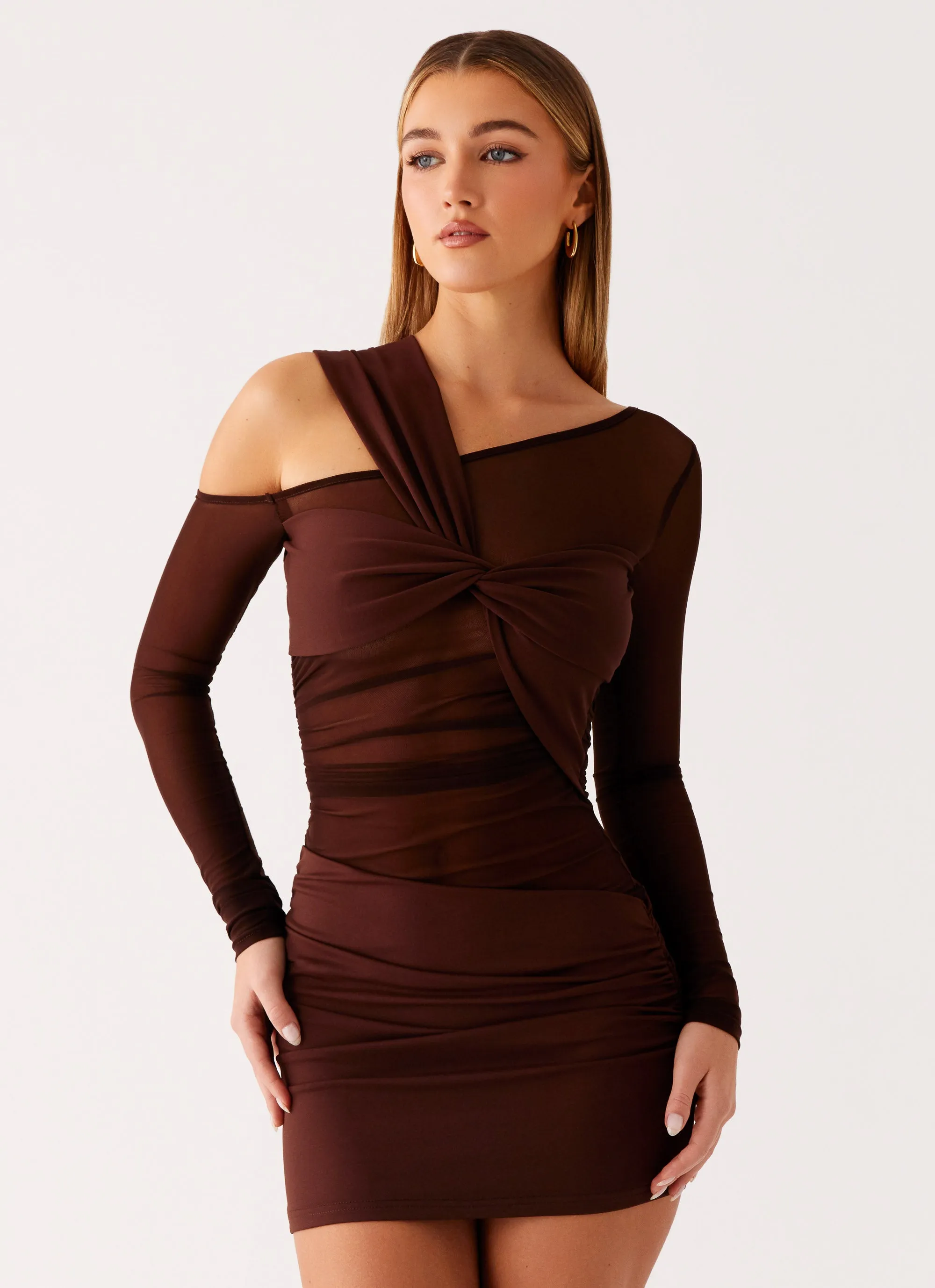 Ophelie Asymmetric Long Sleeve Mini Dress - Chocolate Luxe Comfort