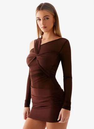 Smooth Flow Flattering Wearable Ophelie Asymmetric Long Sleeve Mini Dress - Chocolate
