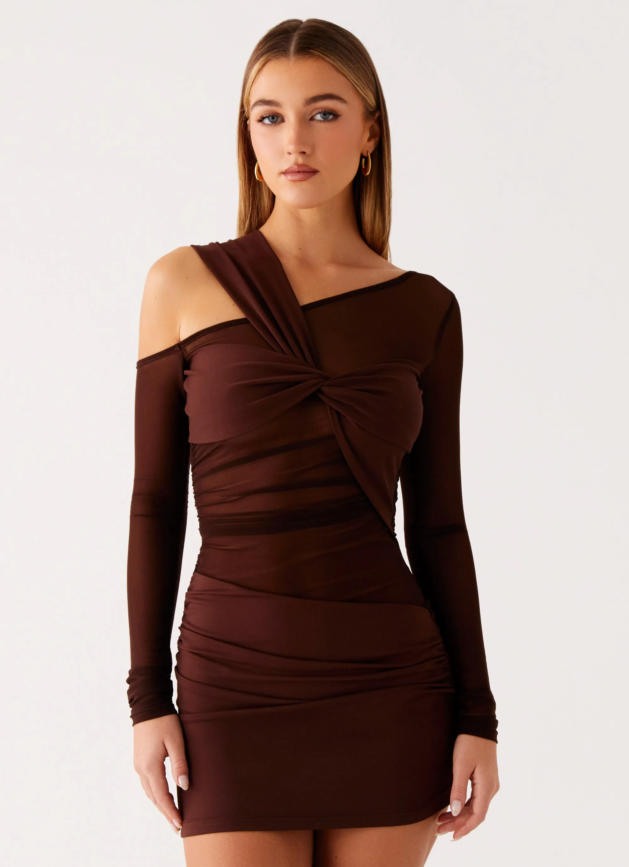 Ophelie Asymmetric Long Sleeve Mini Dress - Chocolate Feminine Energy