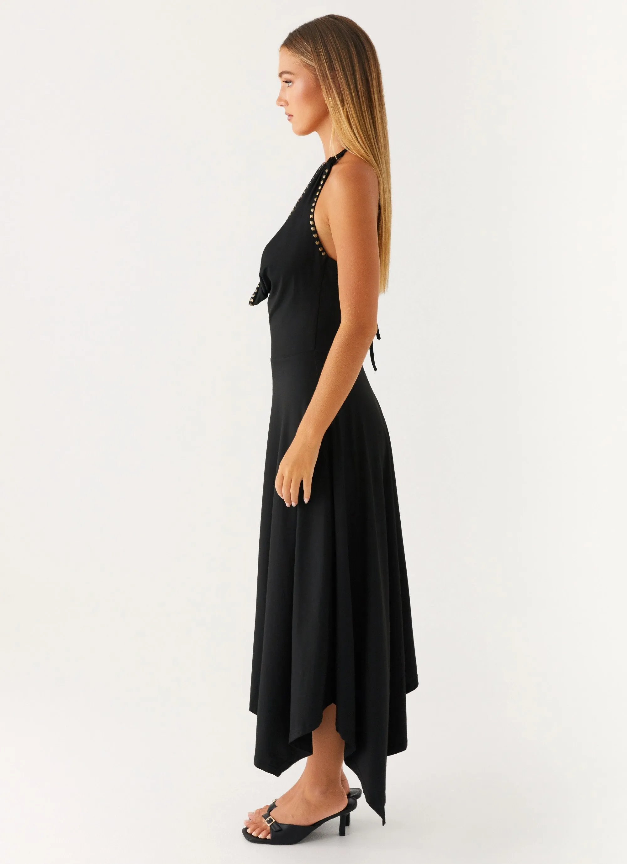 Sheer Layer Vena Beaded Midi Dress - Black