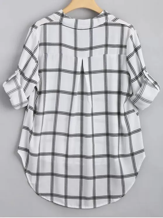 Chic V Neck Checked High Low Blouse