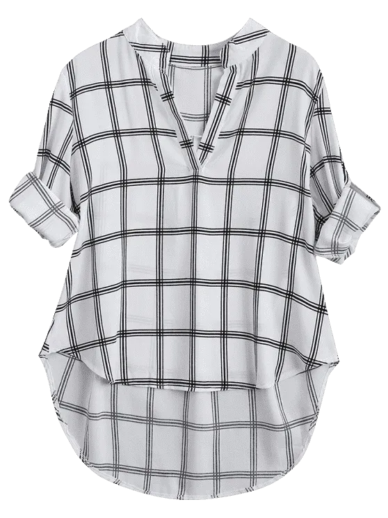 Chic V Neck Checked High Low Blouse