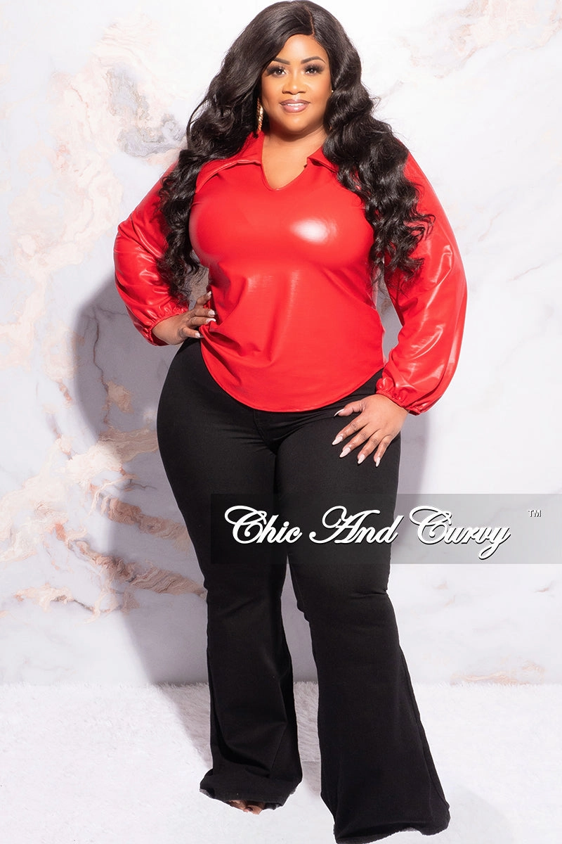 Non Restrictive Cut Essential Look Final Sale Plus Size Collar Faux Leather Top in Red