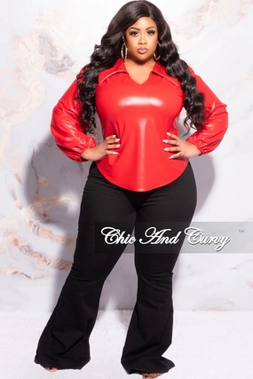 Trendy Design Breathable Waistband Final Sale Plus Size Collar Faux Leather Top in Red