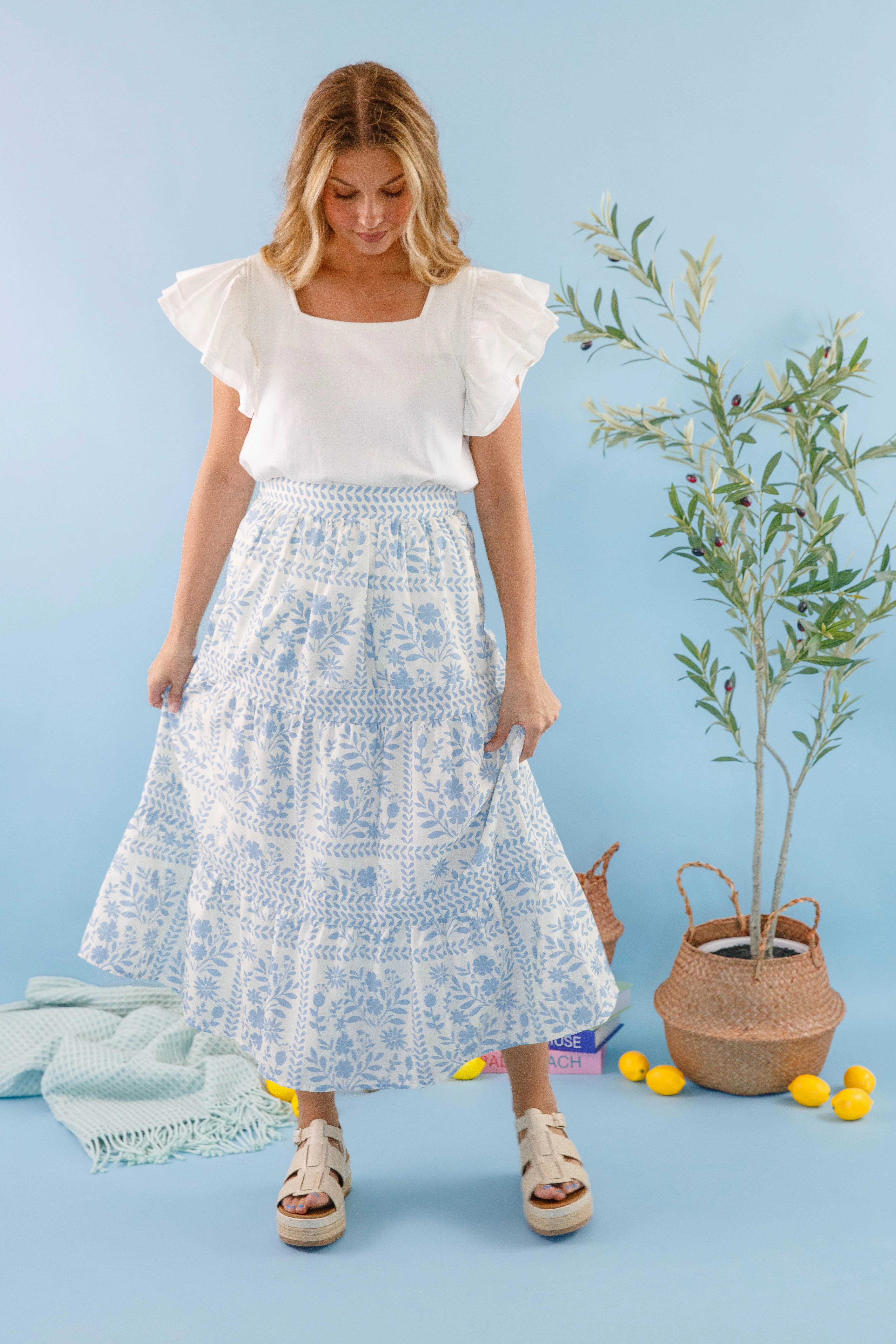Soft and Cozy Lots Of Happiness Midi Skirt-Sky Blue