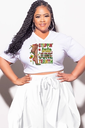 Trail Ready Final Sale Plus Size Oversized Unisex V-Neck White T-Shirt Steppin Into Juneteenth